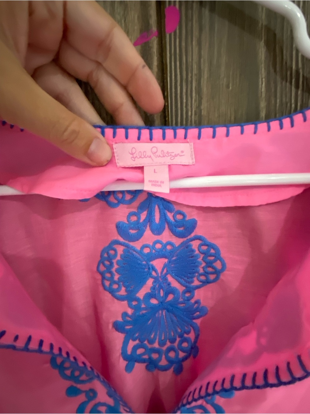 Lilly Pulitzer Pink Tunic with Blue Embroidered Neckline - Picture 6 of 6